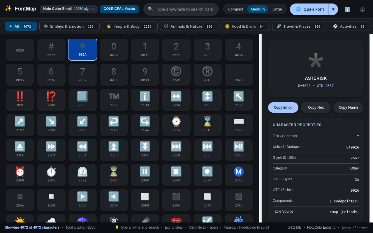 FontMap WebAssembly Emoji & Character Inspector